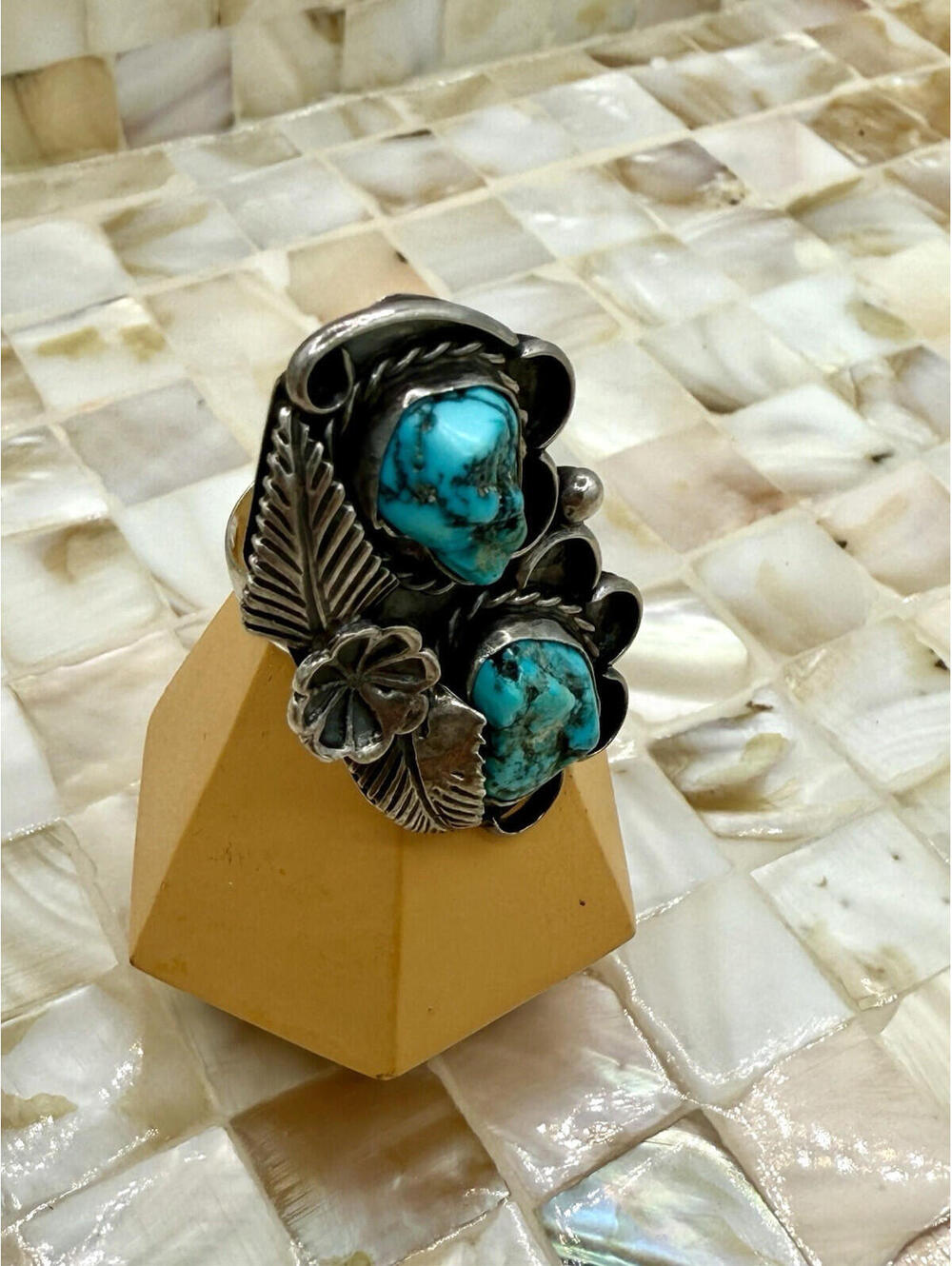 Turquoise Signet Ring Native American Navajo Sterling Silver 925 Size 5.5 Signed - Picture 3 of 9